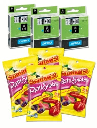 Dymo D1 Tape Blk/Wht 12Mm 3Pk + Bonus 4 Bags Snake Lollies