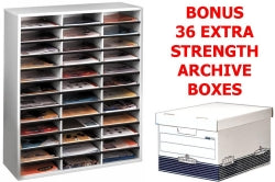 Literature Sorter Fellowes 36 Compartment Grey + Bonus Archive Boxes